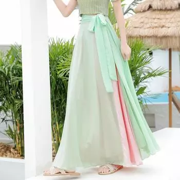 Двухцветная атласная шифоновая юбка миди для танцев со шнуровкой для женщин 90cm Skirt Length for 155-160cm Height