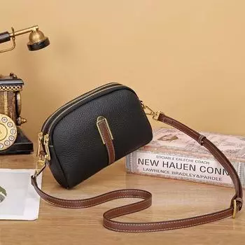 Двухцветная маленькая сумка на плечо из натуральной кожи, женские сумки высокого качества из телячьей кожи, сумки через плечо с двумя отделениями, кошелек на молнии, 2023 чёрный