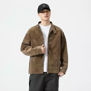Двухцветная пряжа вельветовая куртка мужская тяжелая песочная стирка ретро свободная стойка воротник повседневная куртка мужская одежда M коричневый