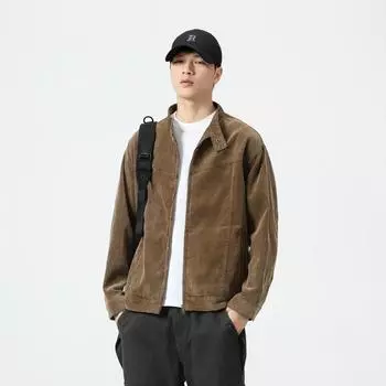 Двухцветная пряжа вельветовая куртка мужская тяжелая песочная стирка ретро свободная стойка воротник повседневная куртка мужская одежда M коричневый