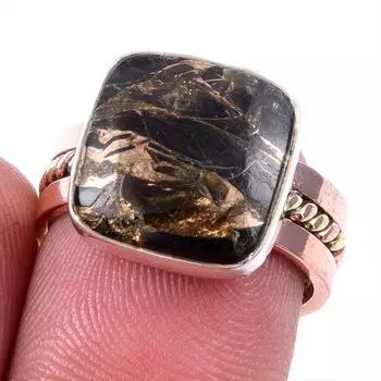 Двухцветное кольцо из чистого серебра 925 пробы с натуральным черным медным бирюзовым камнем 6,5US L5J84