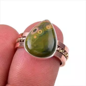 Двухцветное кольцо из чистого серебра 925 пробы с натуральным океаническим яшмом S.6.5 G3a09
