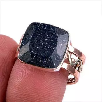 Двухцветное кольцо из чистого серебра 925 пробы с натуральным синим солнечным камнем S.8 c6H80