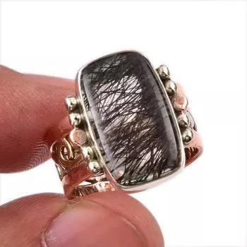 Двухцветное кольцо из чистого серебра 925 пробы с натуральным черным рутилом S.6 Y7b10