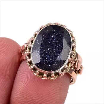 Двухцветное кольцо из чистого серебра 925 пробы с натуральным синим солнечным камнем S.6.5 c8O82