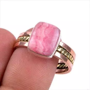 Двухцветное кольцо из чистого серебра 925 пробы с натуральным родохрозитом S.10 k4a27