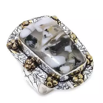 Двухцветное кольцо из натурального медного камня зебры и яшмы из стерлингового серебра 925 пробы S.8 I9V53