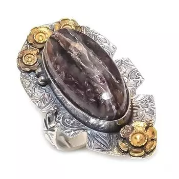 Двухцветное кольцо из натурального российского чароита из стерлингового серебра 925 пробы, размер 8 E6l52