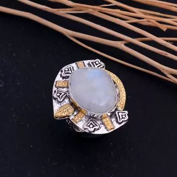 Двухцветное кольцо из стерлингового серебра 925 пробы с натуральным радужным лунным камнем, размер 8 b4K82
