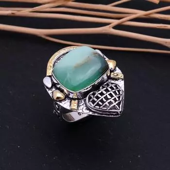 Двухцветное кольцо из стерлингового серебра 925 пробы с натуральным драгоценным камнем хризопраз, размер 10 b1r86