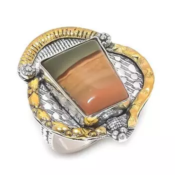 Двухцветное кольцо из стерлингового серебра 925 пробы с природным ландшафтом, яшма, размер 9 M9B03