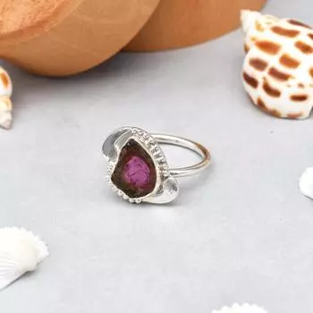Двухцветное кольцо из стерлингового серебра 925 пробы с необработанным розовым турмалином и драгоценным камнем 7, подарок США 7 US