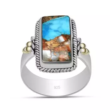 Двухцветное кольцо из стерлингового серебра 925 пробы с натуральным бирюзовым камнем устрицы для женщин и девочек 5
