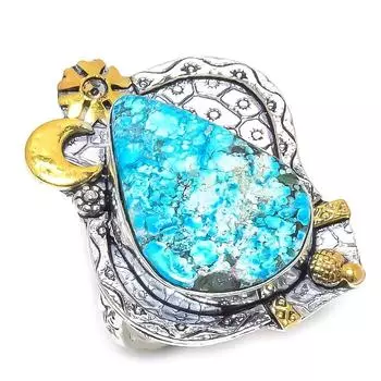 Двухцветное кольцо из стерлингового серебра 925 пробы с натуральным тибетским бирюзовым камнем S.10 w2M79