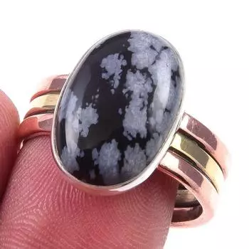 Двухцветное кольцо из стерлингового серебра 925 пробы с натуральным обсидианом и снежинкой S.10 h2P13