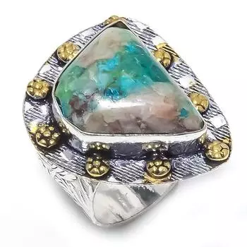 Двухцветное кольцо из стерлингового серебра 925 пробы с натуральным драгоценным камнем хризоколла, размер 8 i7O93