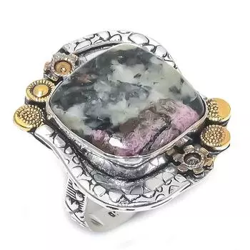 Двухцветное кольцо из стерлингового серебра 925 пробы с натуральным эвдиалитом, размер 10 R3M08