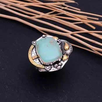 Двухцветное кольцо из стерлингового серебра 925 пробы с натуральным драгоценным камнем хризопраз, размер 9 k6l46