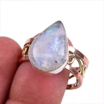 Двухцветное кольцо из стерлингового серебра 925 пробы с натуральным радужным лунным камнем S.10 n2a86