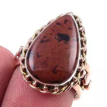 Двухцветное кольцо из стерлингового серебра 925 пробы с натуральным обсидианом красного дерева, размер 7 I4h33