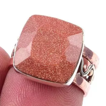 Двухцветное кольцо из стерлингового серебра 925 пробы с натуральным солнечным камнем ручной работы, размер 6 d7j06