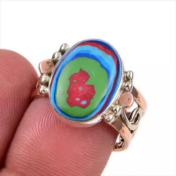 Двухцветное кольцо из стерлингового серебра 925 пробы с натуральным радужным кальцинированным камнем, размер 8 g4K85