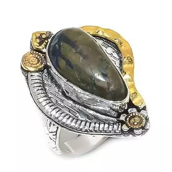 Двухцветное кольцо из стерлингового серебра 925 пробы с натуральным тибетским бирюзовым камнем S.7.5 P7G95