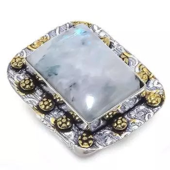 Двухцветное кольцо из стерлингового серебра 925 пробы с натуральным радужным лунным камнем S.7.5 r5Y31