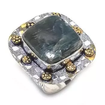 Двухцветное кольцо из стерлингового серебра 925 пробы с натуральным неоновым синим апатитом S.8.5 O5C02