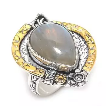 Двухцветное кольцо из стерлингового серебра 925 пробы с натуральным лабрадоритом, размер 7 K6r03