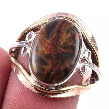 Двухцветное кольцо ручной работы из стерлингового серебра 925 пробы с натуральным драгоценным камнем питерсит S.7 E0u92