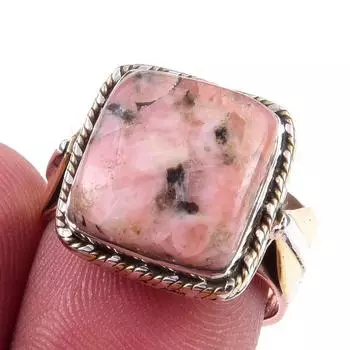 Двухцветное кольцо ручной работы из стерлингового серебра 925 пробы с натуральным родонитом S.7.5 H4C73