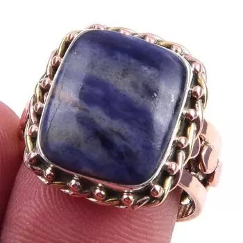 Двухцветное кольцо ручной работы из стерлингового серебра 925 пробы с натуральным драгоценным камнем содалитом, размер 8 T5P02