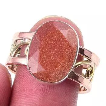 Двухцветное кольцо ручной работы из стерлингового серебра 925 пробы с натуральным солнечным камнем S.10 r4y24