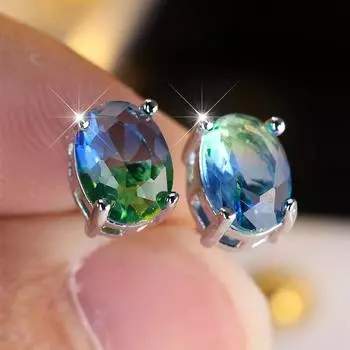 Двухцветные серьги-гвоздики овальной огранки с арбузом, красный, зеленый, турмалин, драгоценный камень, серьги-гвоздики для невесты, свадебные украшения, подарки аква голубой/розового золота