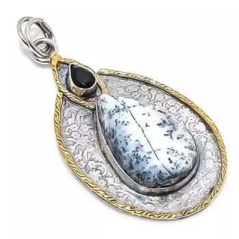 Двухцветный кулон из натурального дендритного опала и шпинели из стерлингового серебра 925 пробы 2,56 дюйма G0R81