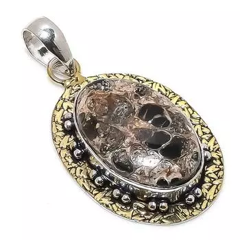Двухцветный кулон из натурального ископаемого камня туррителлы из стерлингового серебра 925 пробы 2,29 дюйма Z9A08
