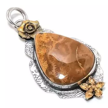 Двухцветный кулон из натурального ископаемого коралла из стерлингового серебра 925 пробы, размер 2,80 дюйма, O5E65