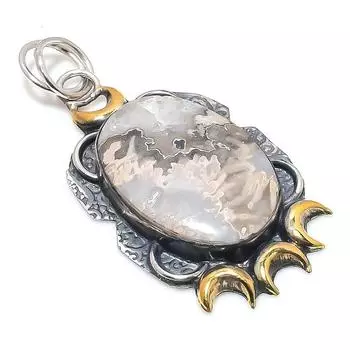 Двухцветный кулон из натурального российского дендритного камня из стерлингового серебра 925 пробы 2,40 дюйма I3s60