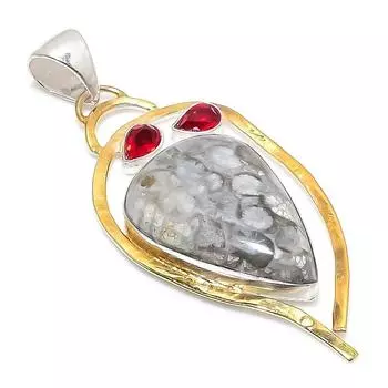 Двухцветный кулон из стерлингового серебра 925 пробы с натуральным ископаемым кораллом и гранатом 2,84 дюйма V7W47
