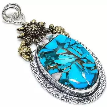 Двухцветный кулон из стерлингового серебра 925 пробы с натуральной медью и синей бирюзой 2,56 дюйма F3J24