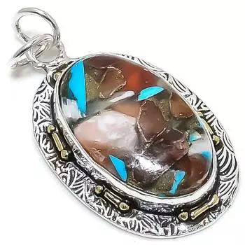 Двухцветный кулон из стерлингового серебра 925 пробы с натуральным драгоценным камнем колючая устрица, размер 1,97 дюйма, s7U65