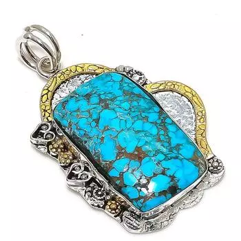 Двухцветный кулон из стерлингового серебра 925 пробы с натуральным тибетским бирюзовым камнем 2,25 дюйма F1t91
