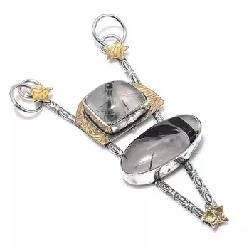 Двухцветный кулон из стерлингового серебра 925 пробы с натуральным черным рутилом, размер 3,39 дюйма, r1l53