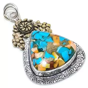 Двухцветный кулон из стерлингового серебра 925 пробы с натуральным драгоценным камнем колючая устрица, размер 2,32 дюйма, V8w09