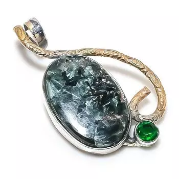 Двухцветный кулон из стерлингового серебра 925 пробы с натуральным серафинитом и диопсидом 1,69 дюйма o1p10