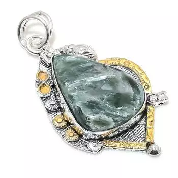 Двухцветный кулон из стерлингового серебра 925 пробы с натуральным серафинитом, размер 2,36 дюйма, p6e94