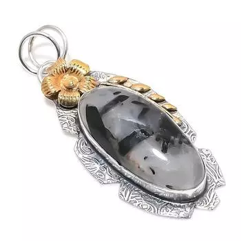 Двухцветный кулон из стерлингового серебра 925 пробы с натуральным черным рутилом, размер 2,64 дюйма e3t77