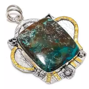 Двухцветный кулон из стерлингового серебра 925 пробы с натуральным драгоценным камнем хризоколла, размер 2,52 дюйма, F5b70