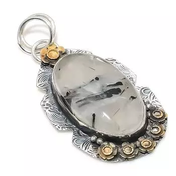 Двухцветный кулон из стерлингового серебра 925 пробы с натуральным черным рутилом, размер 2,36 дюйма, W6B43